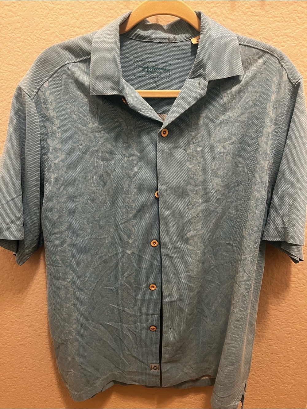 Tommy Bahama Shirt Mens Small Blue Jacquard Floral Hawaiian Camp Silk Button